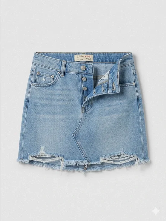 Zara Light Blue Distressed Denim Skirt - Size: 11-12