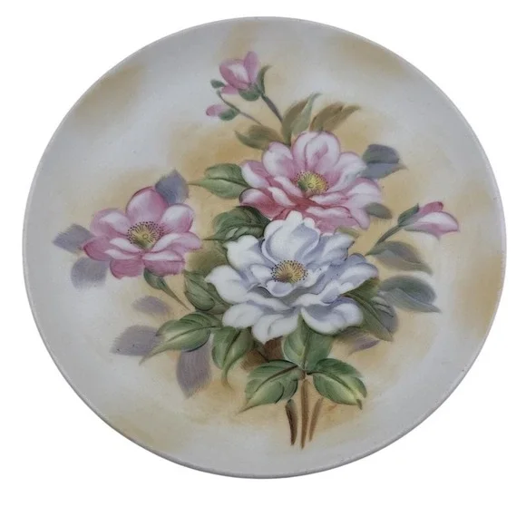 Lefton Hand‎ Painted Floral Plate Pink Blue Flowers Vintage Porcelain Japan
