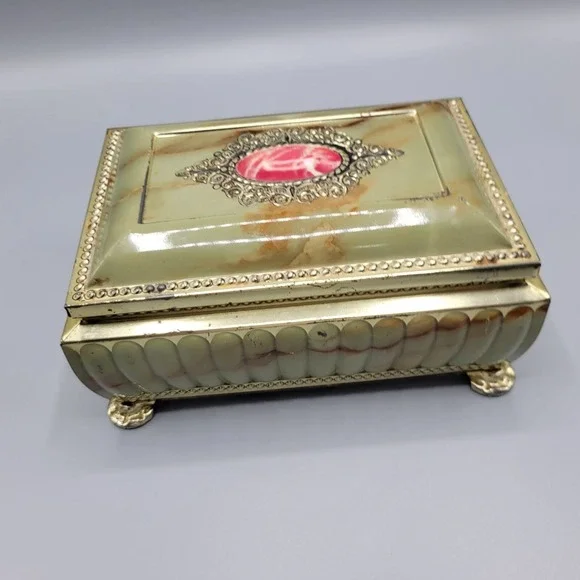 Vtg Footed Tea Tin Box Pink Faux Marble Jewelry Trinket Box Shelf Decor AS IS