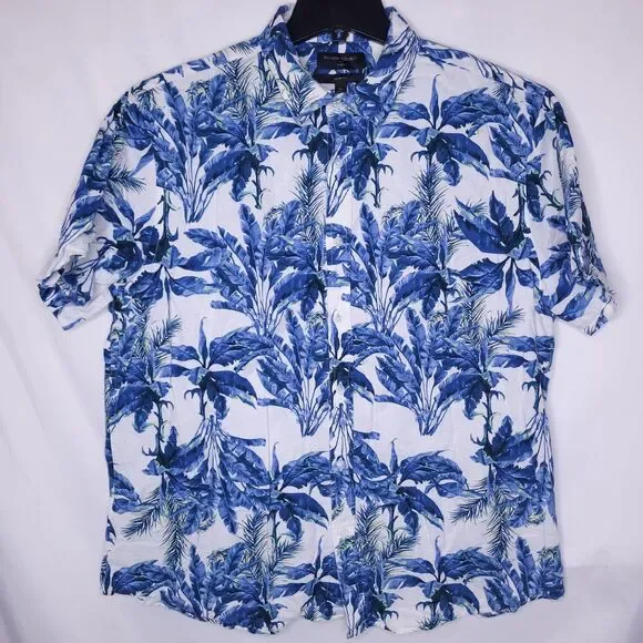 Banana Republic Linen Shirt Mens XL Floral Palm Blue, White Slim Fit