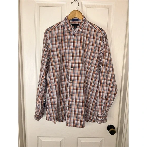 Banana Republic men's‎ XL Shirt orange gray white plaid long sleeve
