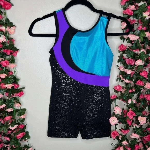 Danskin Now Black/Teal/Purple Dance Singlet Outfit Girls 8 Comfort Wicking