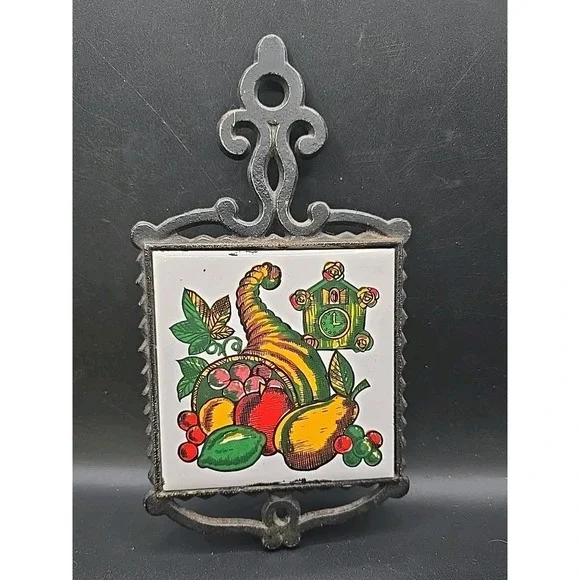 Vintage Mid Century Art Tile Footed Trivet Cornucopia Cuckoo Japan Cast Iron