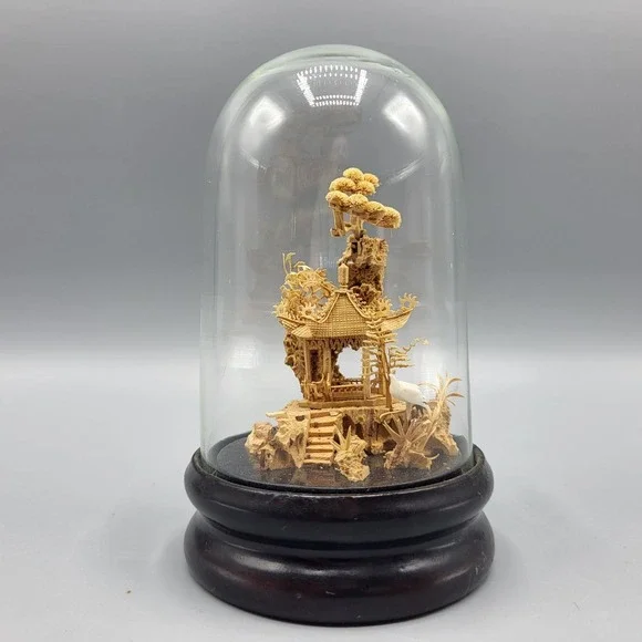 Vtg Chinese Carved Cork Diorama Glass Dome Dark Wood Base Small Shelf Decor READ