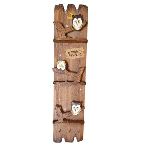 Vintage 1970s Night Owl 3-Teir Wood Wall Letter Key Holder Rack