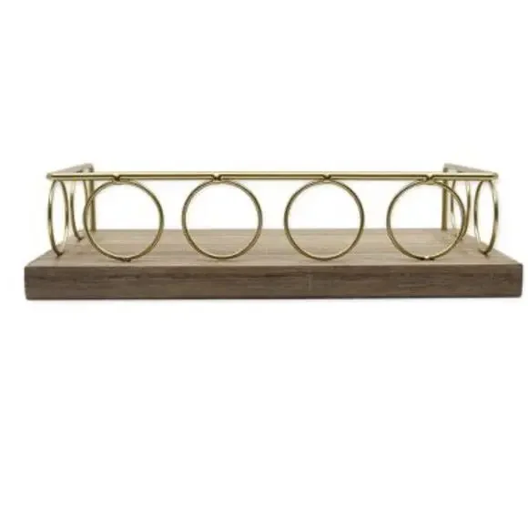 New View Circle Gold Rim Floating Shelf Light Wash Gold Wooden Base Easy Mount