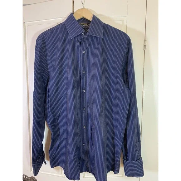 Banana Republic Shirt Mens XL 17–17.5‎ Blue Textured Striped Button Up