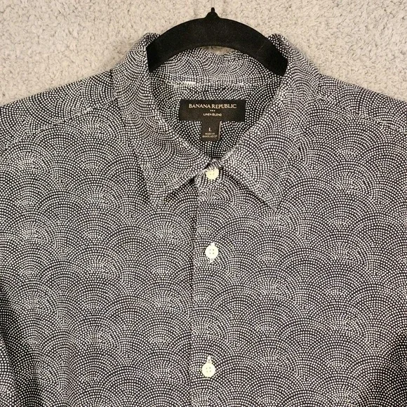 Banana Republic Shirt Men L Linen Blend Black White Dotted Wave Pattern Party