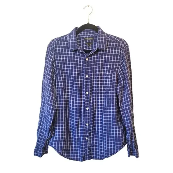 Banana Republic Navy Blue Plaid 100% Linen Camden Standard Fit Shirt