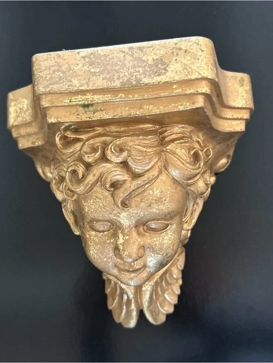 Vintage Painted Gold Plaster Cherub Angel Face Sconce Wall Shelf Victorian Style