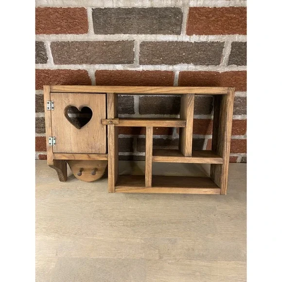 Vtg Wood Wall Shelf Curio Shadow Box Heart Dividers Display Country Cottage Core