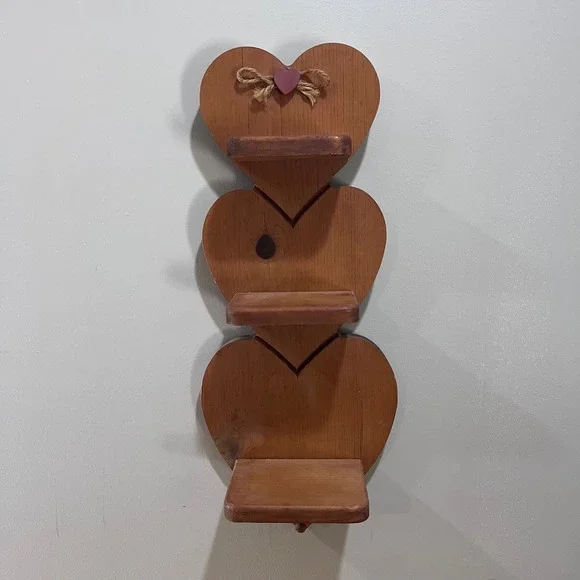 Vtg Rustic Triple Heart Wood Wall Shelf Country Folk Art Triple Tier Display 18