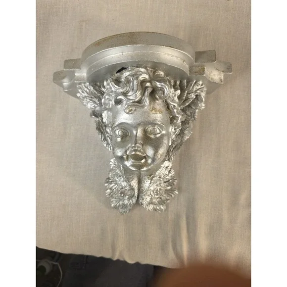 Vintage Cherub Wall Sconce Shelf Silver Resin Angel Decor 10
