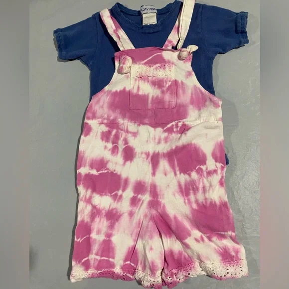 Pink Tie-Dye Overalls with Blue Top
