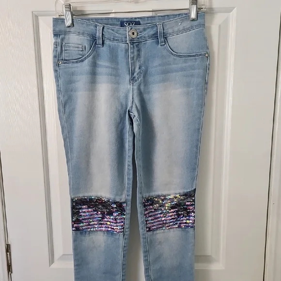 Blue Jeans with Sequined Knee Panels. Size 14