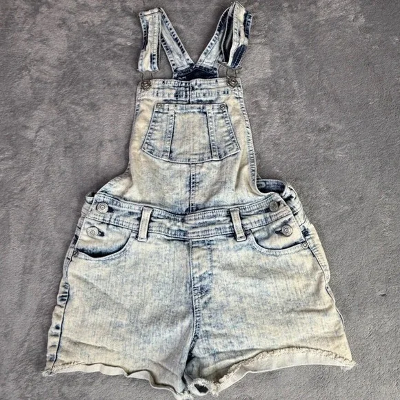 Jordache Girls Shortall Overalls Size L 10-12 Light Blue‎ Acid Wash Denim Frayed