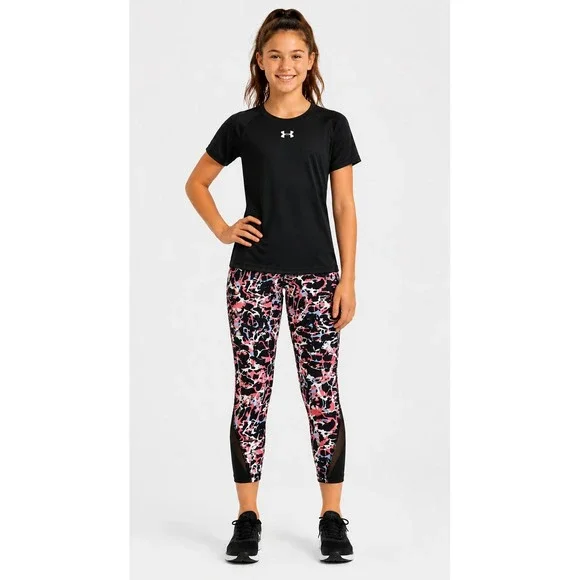 Under Armour Leggings Girls YLG Pink Black Abstract HeatGear Mesh Crop 1362335