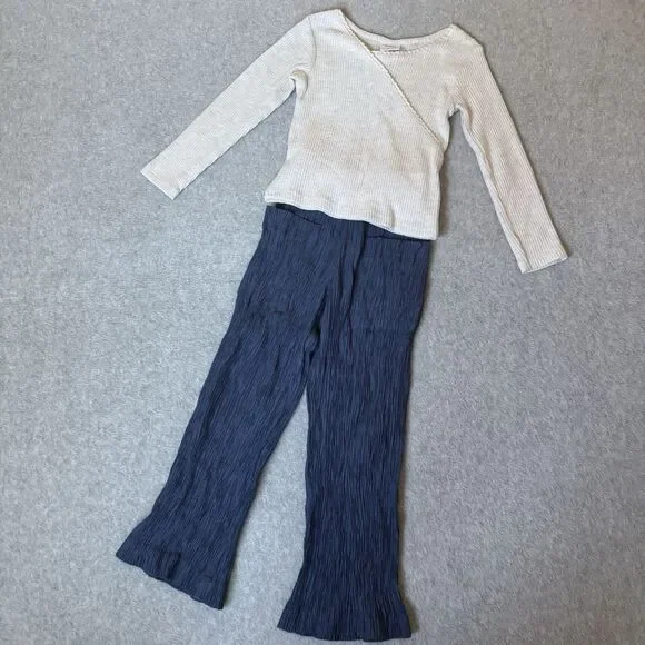 Zara Girls Flare Pants Size 6 Blue Crinkle Pullover Beige Long Sleeve Top Bundle