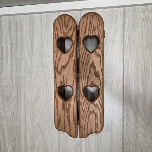 Vintage Wood 3 Level Display Shelf / Flip Open Heart Doors Hat Dowels Pegs