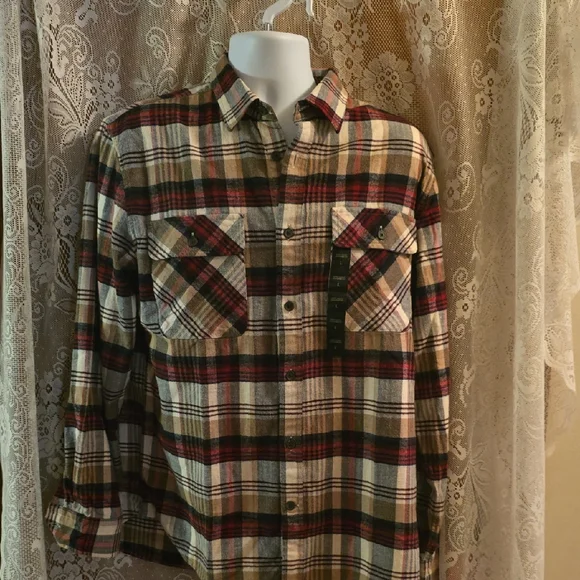 New Banana Republic‎ Plaid Shirt Mens Size L Red, Black, Cream