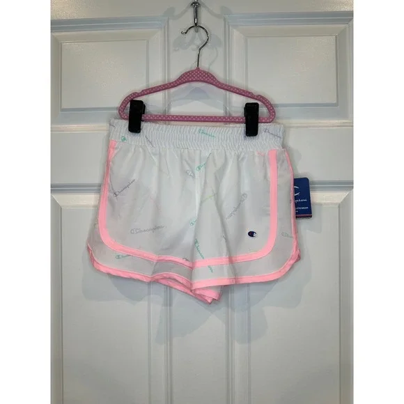 Champion Girls White Pastel‎ Logo Athletic Shorts Pink Trim Size M 7/8
