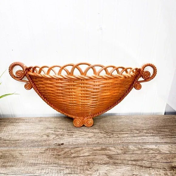 Vintage Faux Wicker Shelf: MCM Wall Basket Shelf