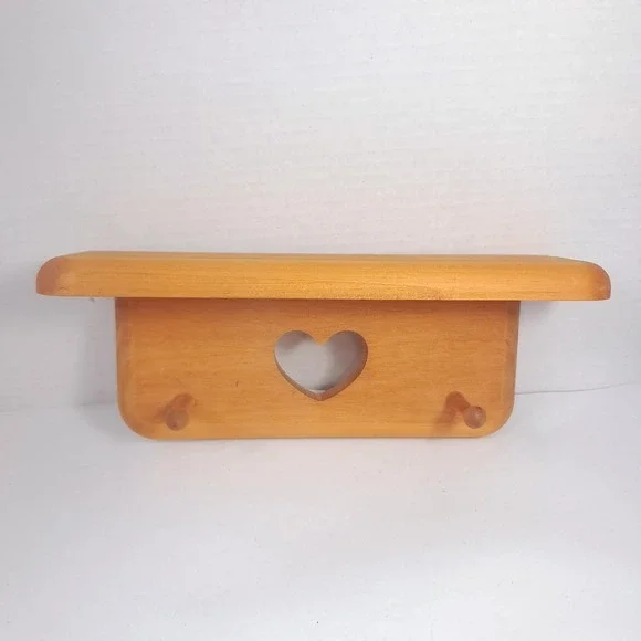 Wood heart cutout wall shelf trinket 2 pegs hooks display cottagecore stained