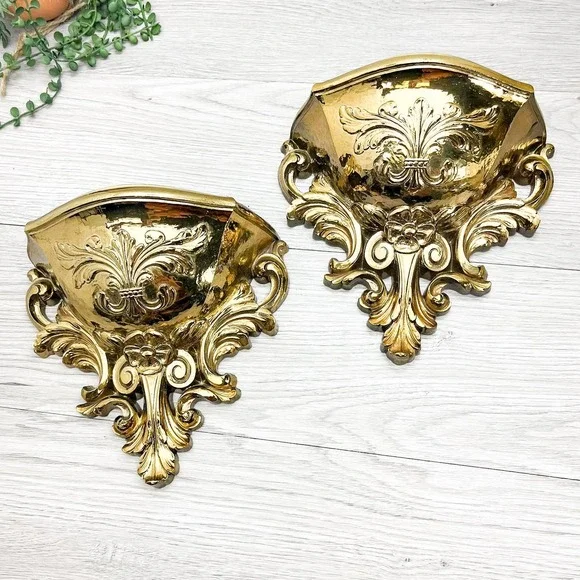 Ornate Gold Plastic Wall Shelf Set: Mid-Century Gothic Decor