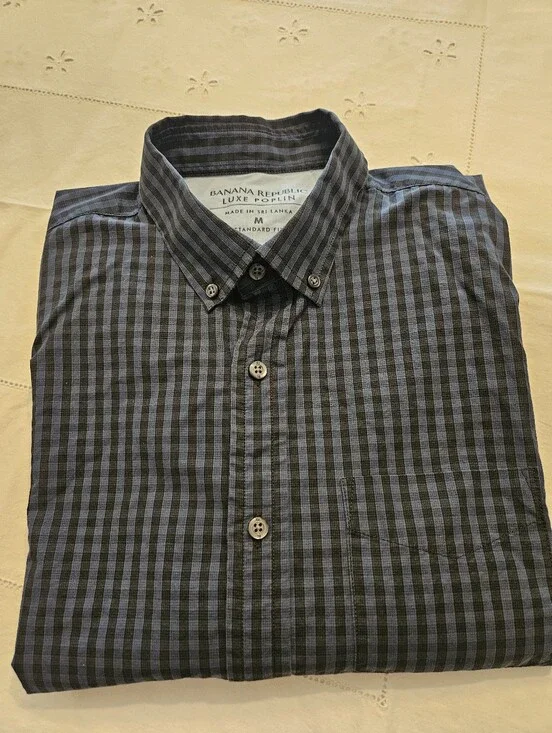 Banana Republic Men’s Navy and Black Check Button-Down Shirt - Size M