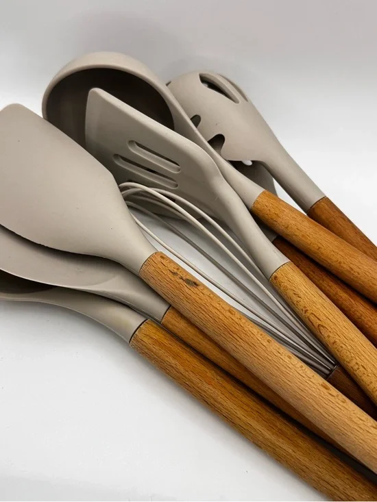 Neutral Silicone Kitchen Utensil Set with Wooden Handles - Beige