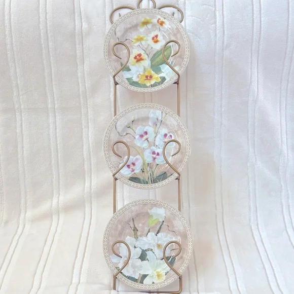 American Atelier Orchids 3 Porcelain Plates Set with wall mounted display stand