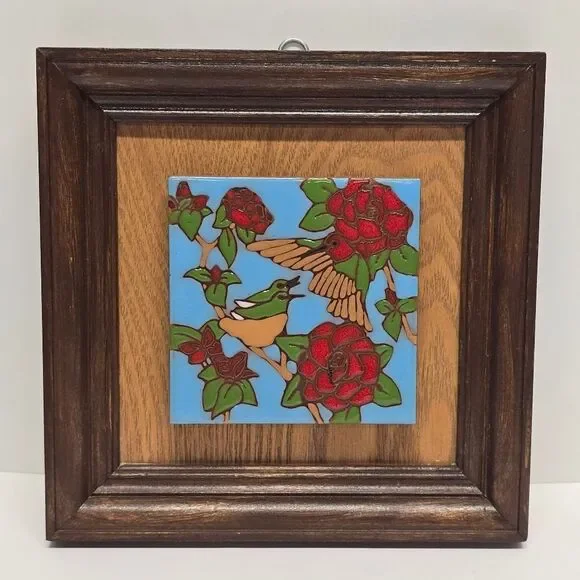 Vintage Earthtones Hummingbird Tile Trivet Art Ceramic Hand Painted Pottery USA