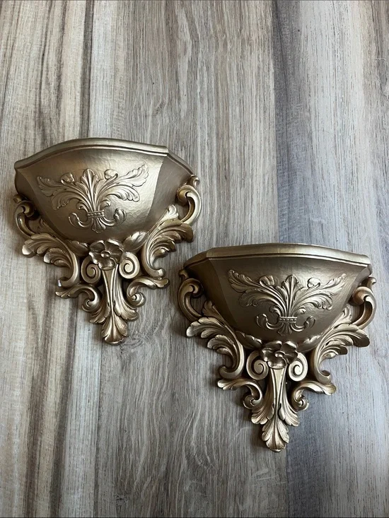 Vintage Homco Gold Plastic Wall Pockets Planters Hollywood Regency set 1970s