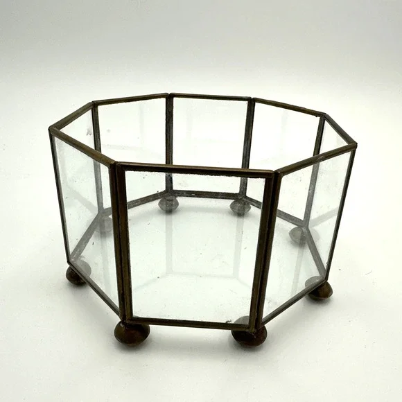 Vintage Open Octogon Glass/Brass Display Case Terrarium