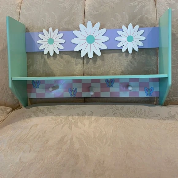 Y2K wooden shelf pegs butterflies cottagecore flowers purple pink green white