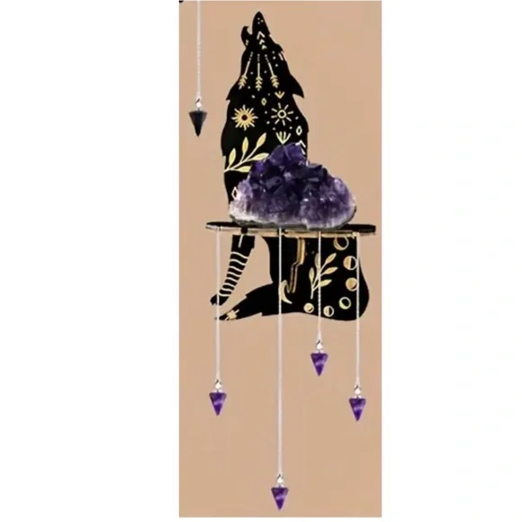 NEW! Majestic Black and Gold Howling Wolf Crystal / Gemstone Display Wall Shelf!