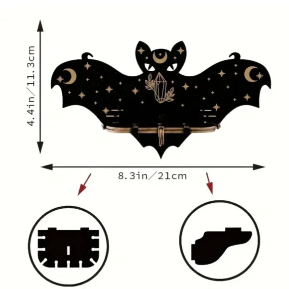 NEW! Majestic Black and Gold Bat Crystal / Gemstone Display Wall Shelf!
