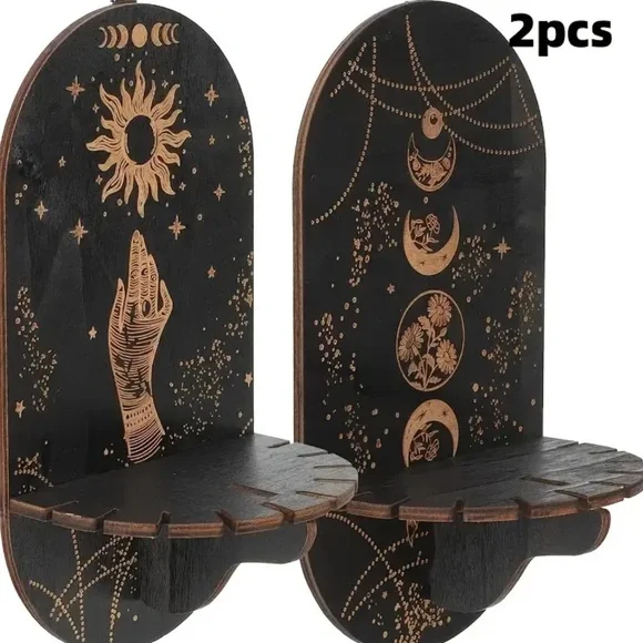 NIP! Set of 2 Phases of the Moon Wall Shelves in Black and Gold!