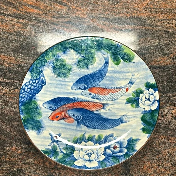 Japanese Hand Painted Porcelain Koi Fish Lotus Flower PIate