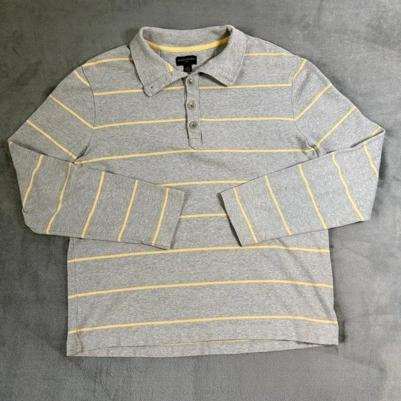 Banana Republic Mens XL Long Sleeve Polo‎ Shirt Grey Yellow Striped Jersey Knit