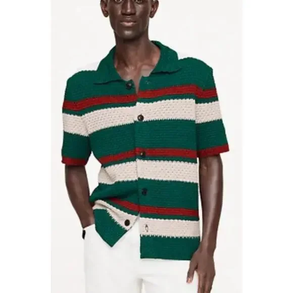 Banana Republic Shirt Mens M Striped Crochet Short Sleeve Button Front