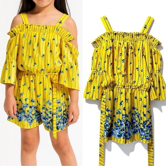 438 My Michelle | NWOT Yellow Floral Stripe Print Cold Shoulder Romper (Sz L)
