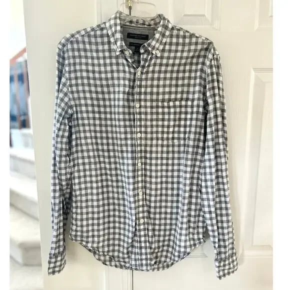 Banana Republic Camden Grey White Gingham Plaid Linen Long Sleeve Shirt