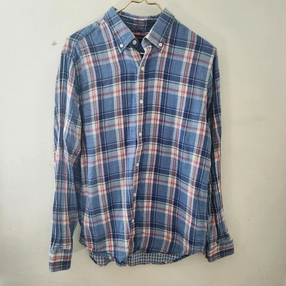 Banana Republic Mens Slim Fit Plaid Button Down Shirt Blue Red Medium Cotton