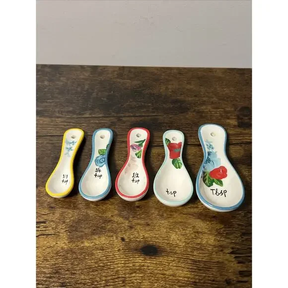 Anthropologie Molly Hatch Measuring Spoons Flowers Ceramic Set 5 Red Blue Yellow