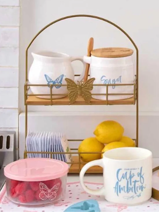 Dolly Parton Two-Tier Gold Butterfly Display Shelf w/ Four Jars