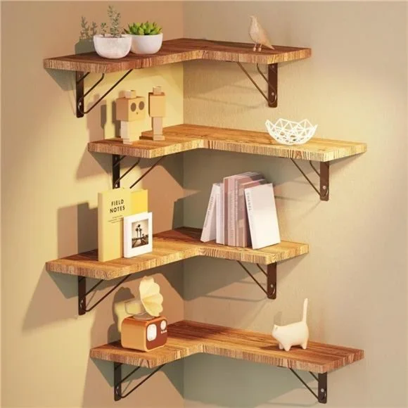 Wood Corner Floating Shelves Set of 4, Wall Mounted Shelves Rustic Brown