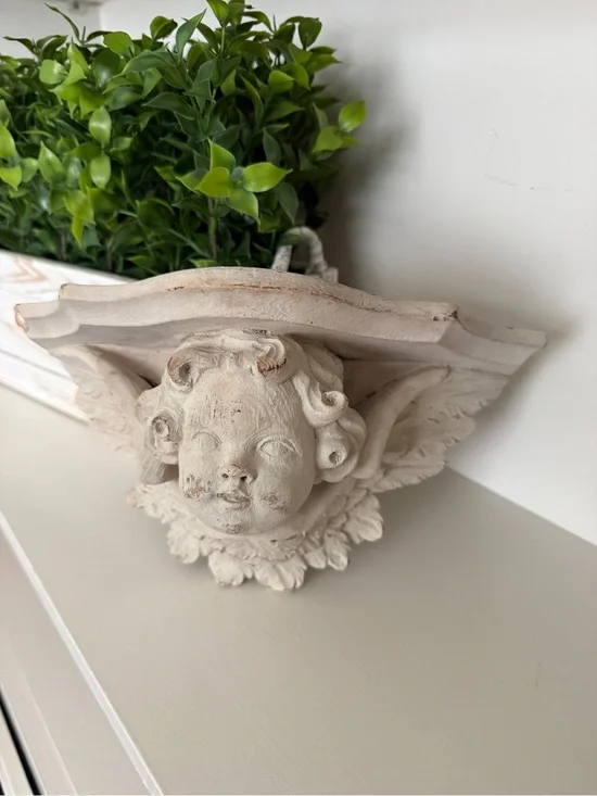 White Plaster Cherub Angel Wall Sconce Shelf Cottagecore