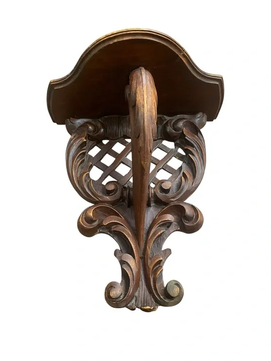 Vintage Hand-Carved Wooden Wall Bracket Shelf scroll detail