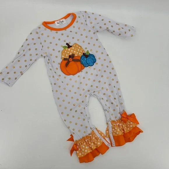 Marie‎ Nicole Pumpkin Polka Dot Ruffle Romper 18-24 Months Fall Halloween